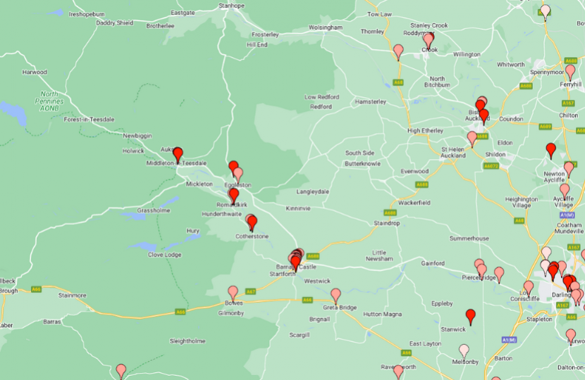 Map of Bishop Auckland and surrounding area with pinpoints for pubs