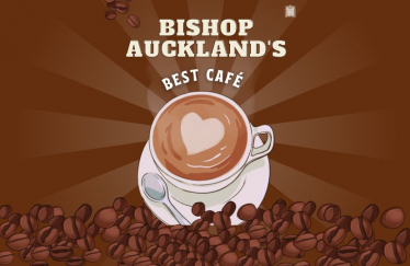 Coffee cup on a brown background, title reading Bishop Auckland's Best Cafe